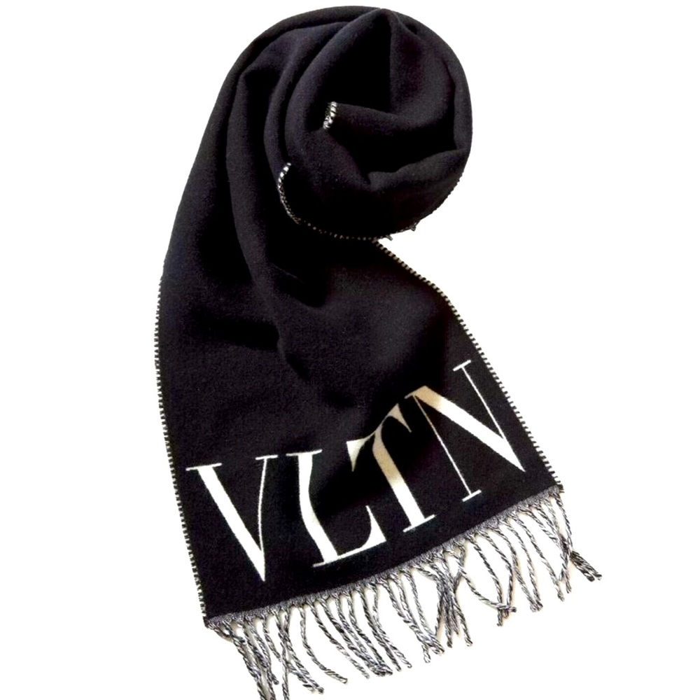 Valentino Garavani Jacquard Cashmere VLTN NEW NWT Wool  Logo Scarf black White